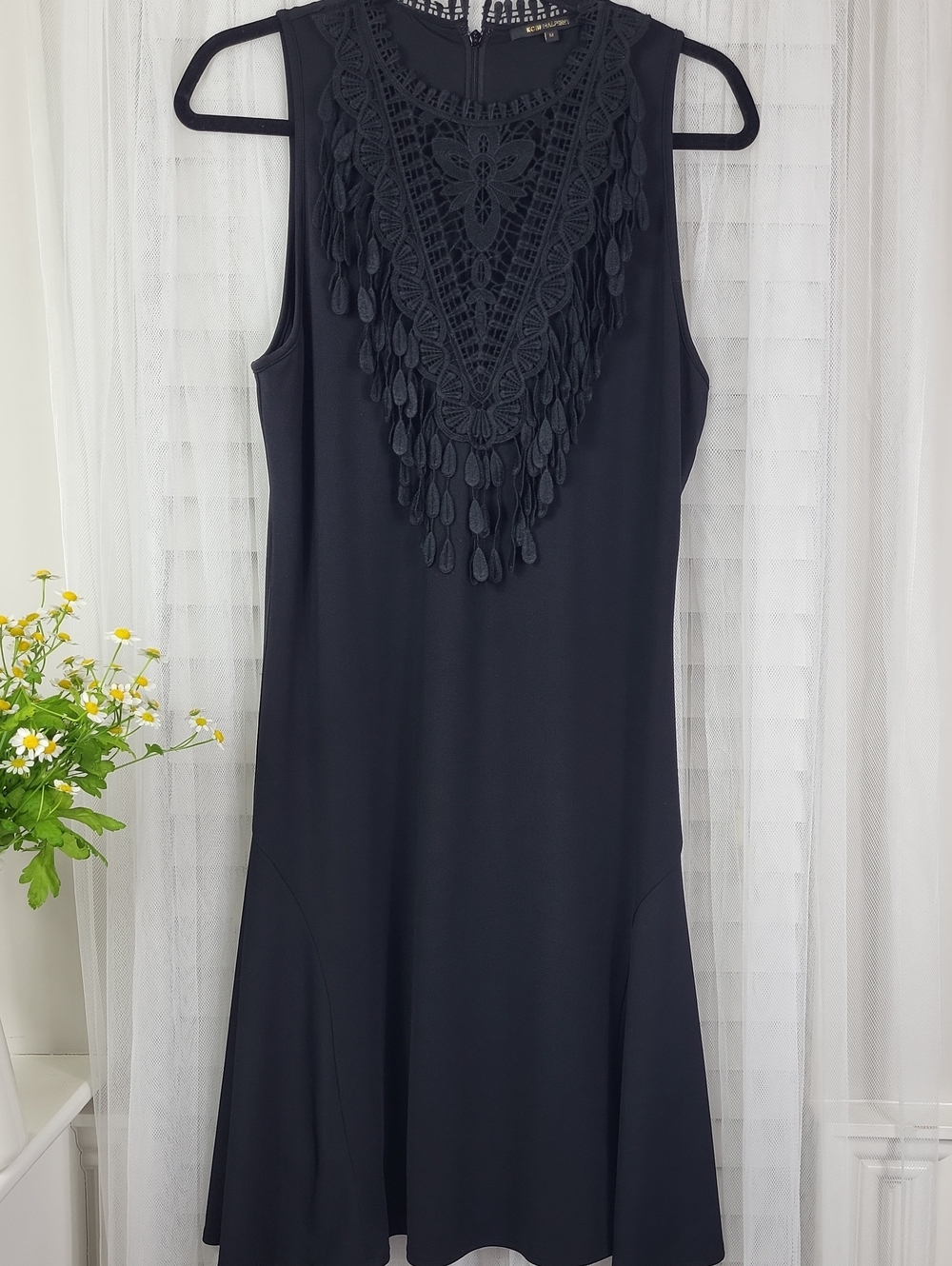 Kobi Halperin Sleeveless Black Dress with Crochet Bib Detail. Size M